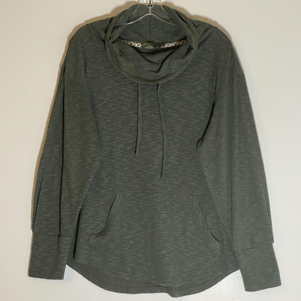 PrAna Sweatshirt Womens Large Green Cowl Neck Kangaroo Pocket Pullover Knit